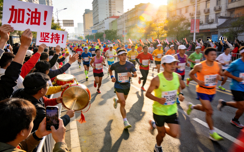 马拉松比赛中，运动员们成群结队穿过城市街道，两旁观众加油助威